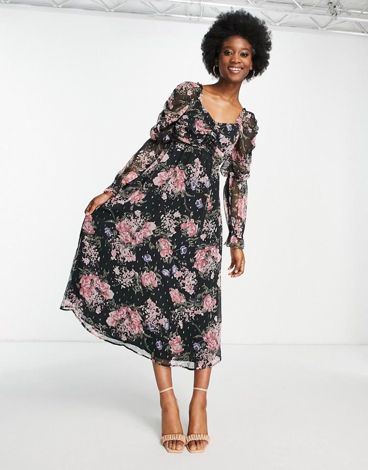 Miss Selfridge Chiffon Gold Spot Midi Dress In Floral Print-black