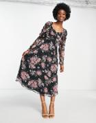 Miss Selfridge Chiffon Gold Spot Midi Dress In Floral Print-black