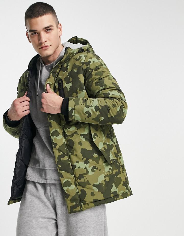 Jack & Jones Core Camo Parka Jacket With Hood In Green