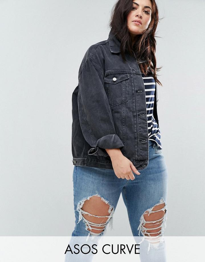 Asos Curve Denim Girlfriend Jacket In Washed Black - Black