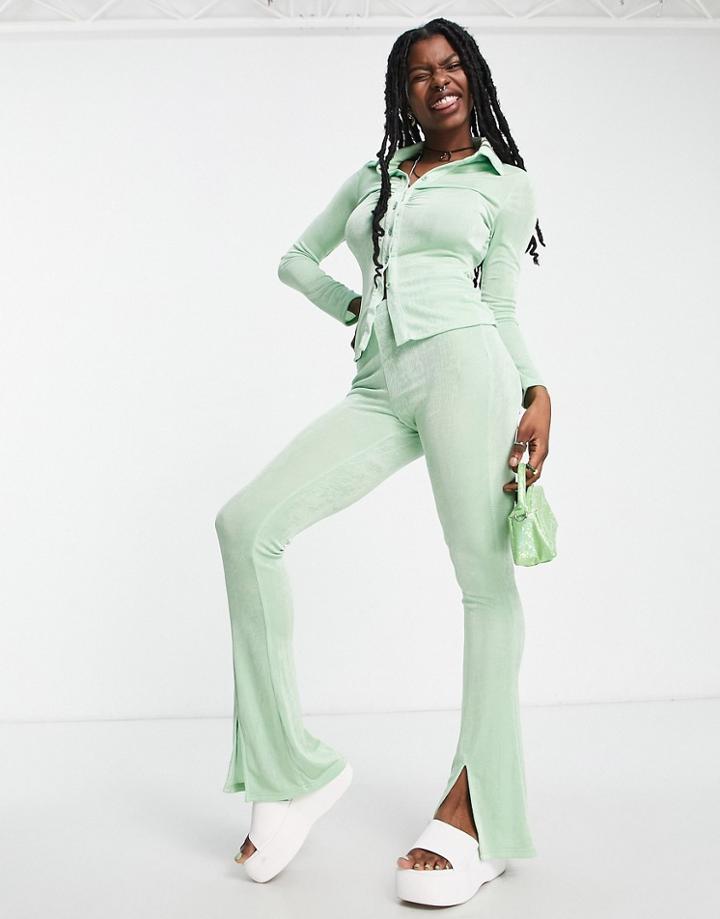 Daisy Street Slinky High Waist Pants With Split Hem In Mint - Part Of A Set-green
