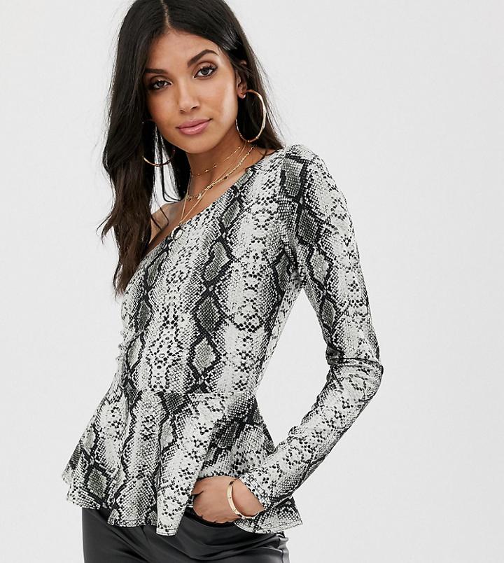 Asos Design Tall One Shoulder Peplum Top In Snake Print-multi