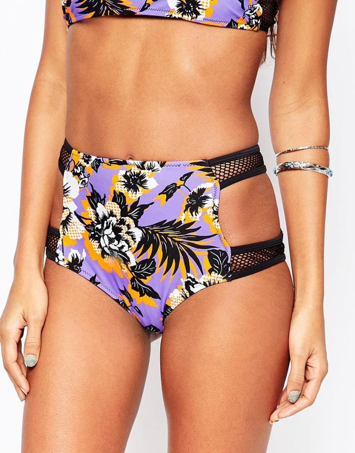 Asos Fishnet Insert Layered Floral Print High Waist Bikini Bottom - Floral Print
