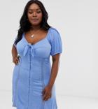 Asos Design Curve Knot Front Button Through Sundress With Puff Sleeve - Blue