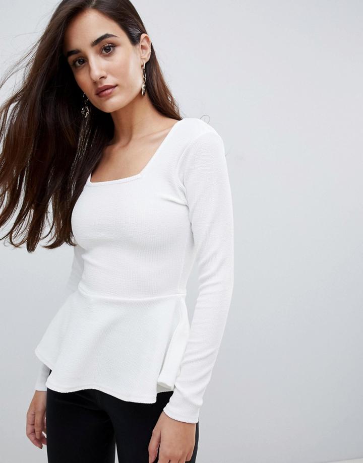 Asos Design Square Neck Peplum Top In Texture - White