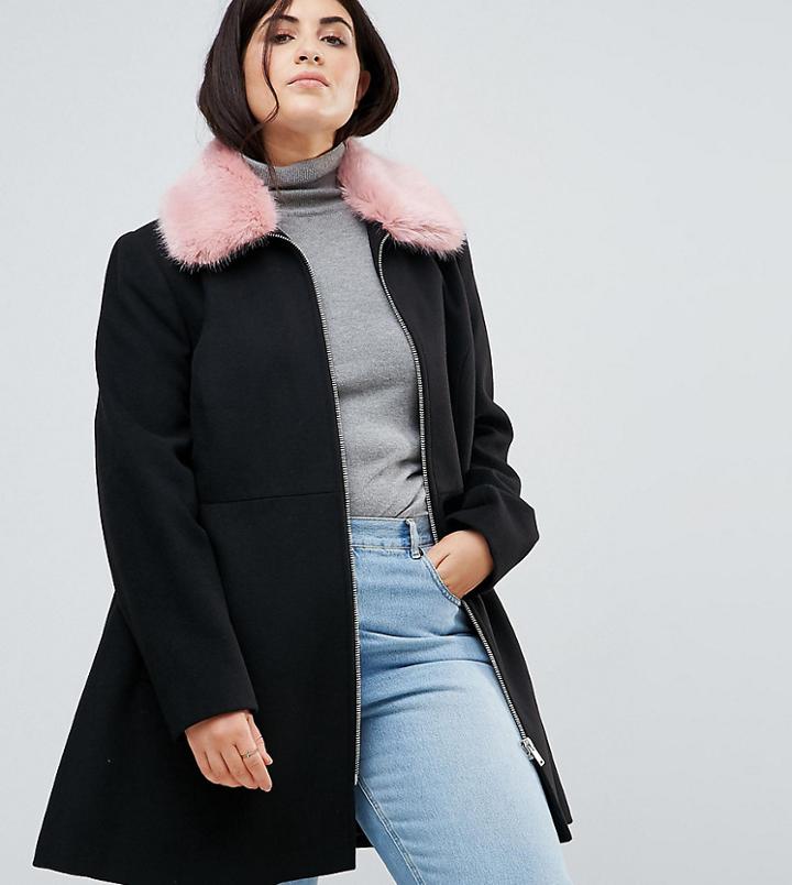 Asos Curve Skater Coat With Pink Faux Fur Collar - Black