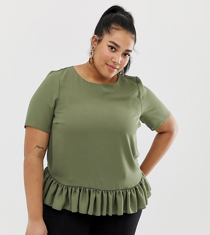 Asos Design Curve Woven T-shirt With Ruffle Hem - Green