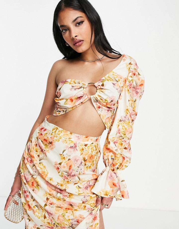 Asos Design One Shoulder Ring Detail Crop Top In Soft Floral - Part Of A Set-multi