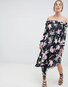 Asos Design Off Shoulder Tea Dress With Shirred Cuffs In Floral Print - Multi