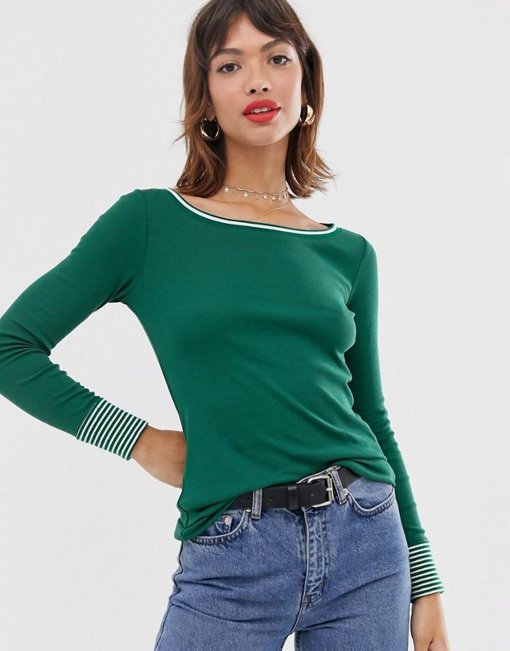 Esprit Contrast Stripe Sleeve Long Sleeve Top In Green