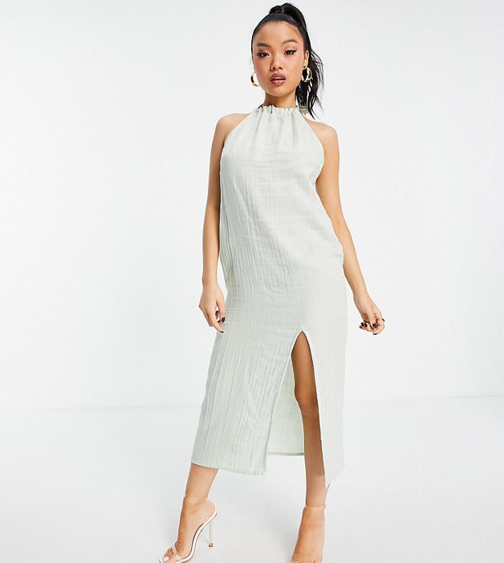 Asos Design Petite Halter Midi Beach Dress In Double Gauze In Sage Green