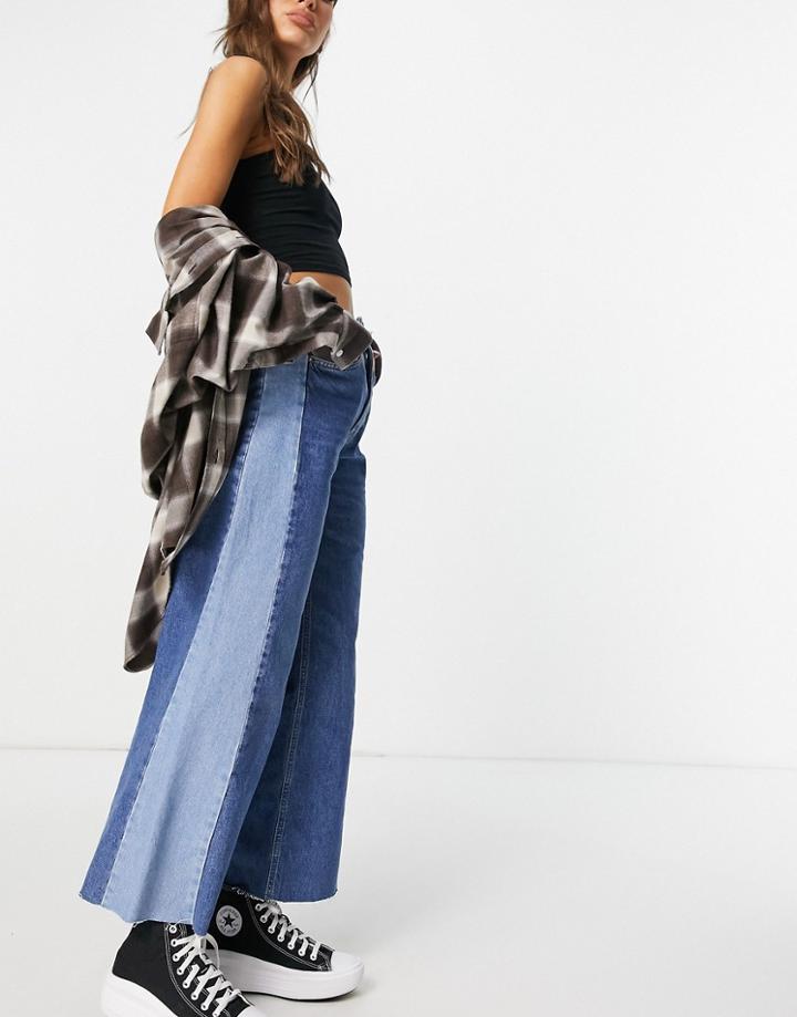 Stradivarius 90s Wide Leg Patchwork Jean In Medium Blue-blues