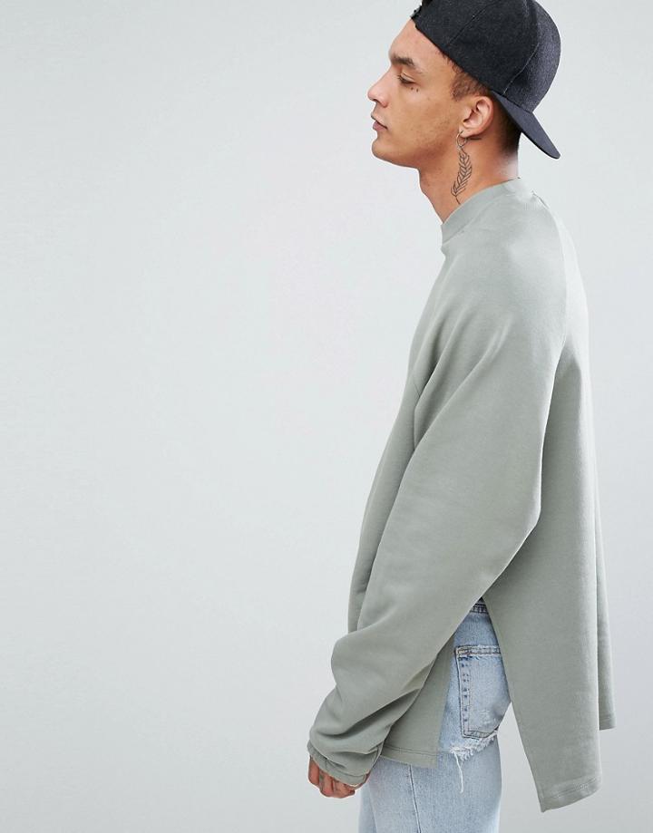 Asos Super Longline Oversized Sweatshirt With Side Splits And Dropped Hem - Green