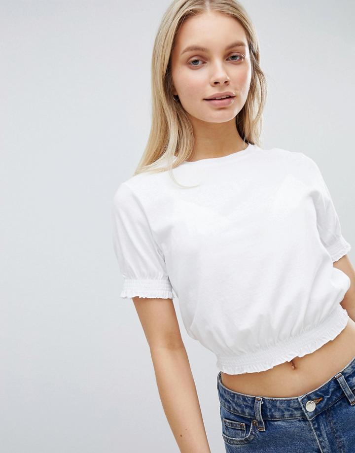 Asos Design Crop T-shirt With Shirred Hem And Cuffs - White