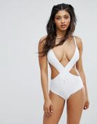 Boohoo Cross Front Halter Swimsuit - White