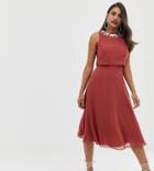 Asos Design Sleeveless Midi Dress With Delicate Pearl Embellished Neck - Red
