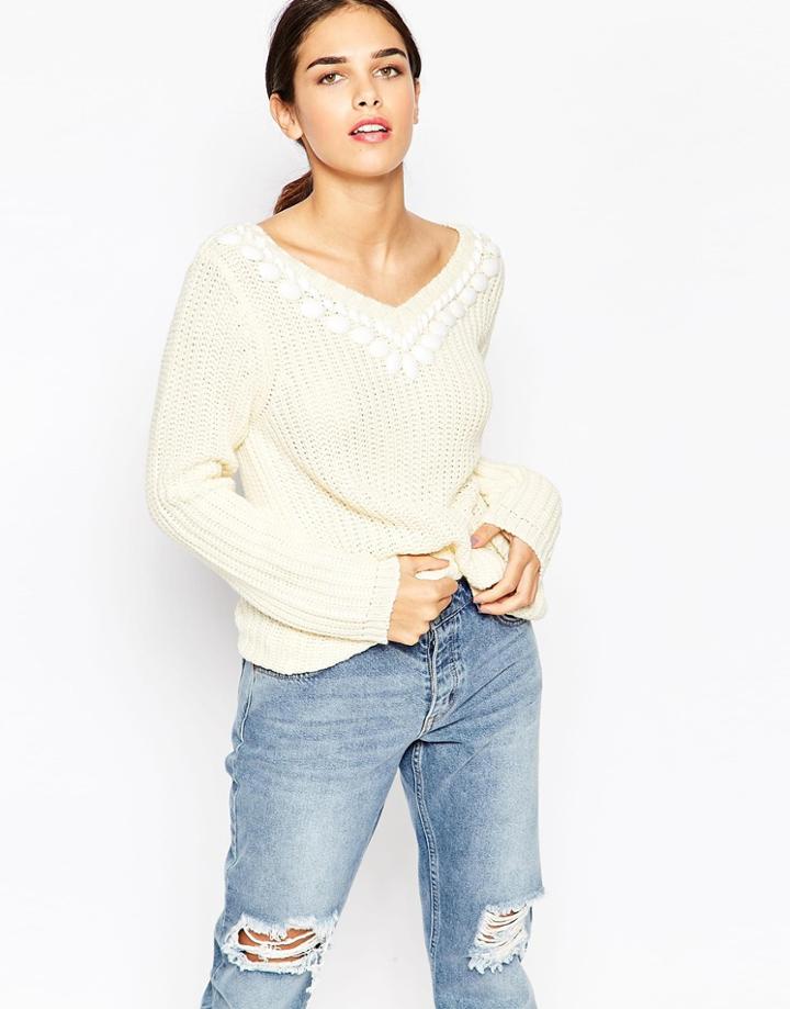 Qed London Sweater With Embelished Trim - Cream