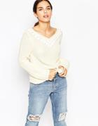 Qed London Sweater With Embelished Trim - Cream