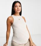 Asos Design Maternity Ruched Side Tank In Camel And White Stripe-multi