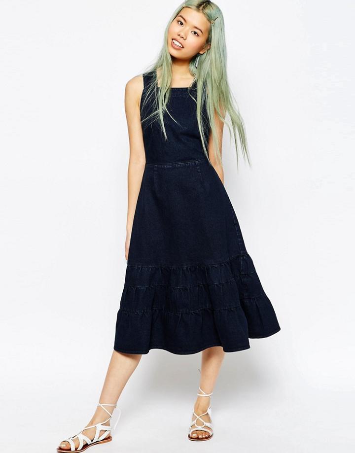 Asos Denim Carmen Midi Dress With Tiered Hem In Dark Blue - Light Blue