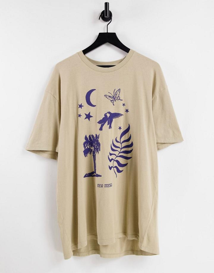 Topman Oversized T-shirt With Mystic Print In Stone-neutral