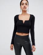 Asos Design Square Neck Fitted V Detail Long Sleeve Top - Black
