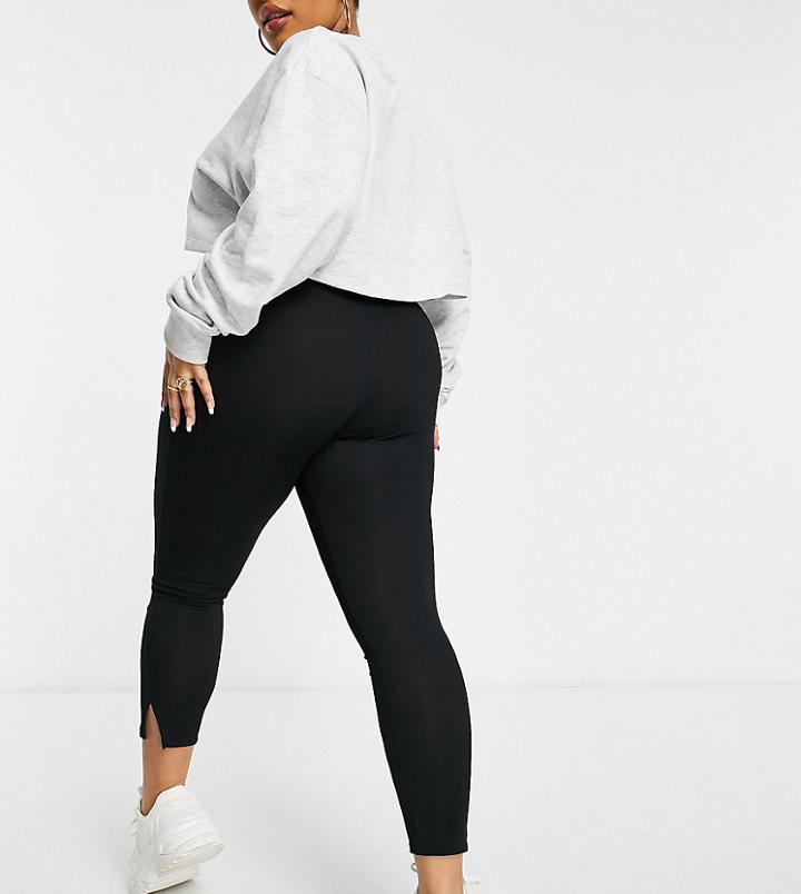 Yours Ribbed Leggings With Split Hem In Black