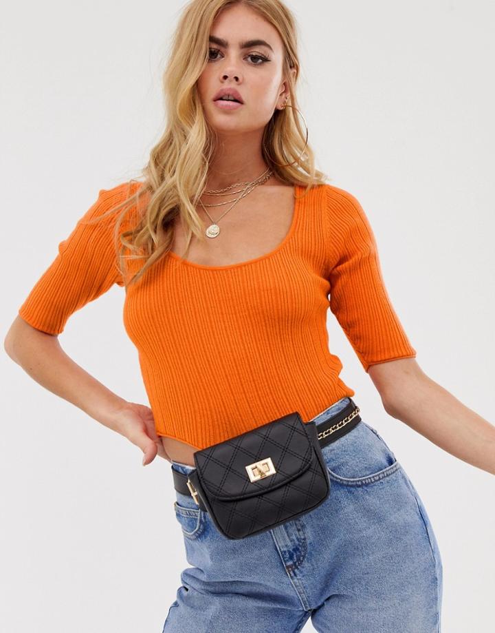 Asos Design Scoop Neck Short Sleeve Sweater In Fine Knit Rib - Orange