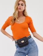 Asos Design Scoop Neck Short Sleeve Sweater In Fine Knit Rib - Orange