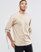 Asos Oversized 3/4 Sleeve T-shirt With Strap Detail - Beige
