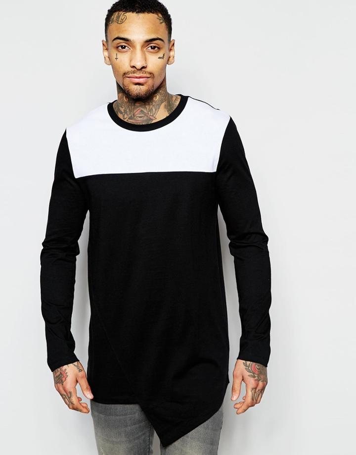 Asos Longline Long Sleeve T Shirt With Asymmetric Hem And Contrast Yoke