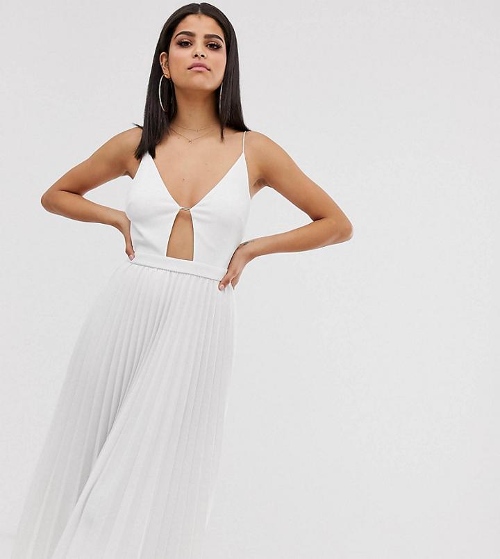 Asos Design Tall Minimal Pleated Midi Dress With Gold Bar Detail-white
