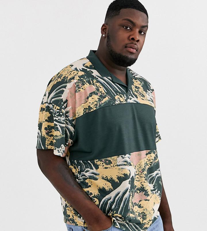 Asos Design Plus Oversized Revere Polo With All Over Print And Color Block