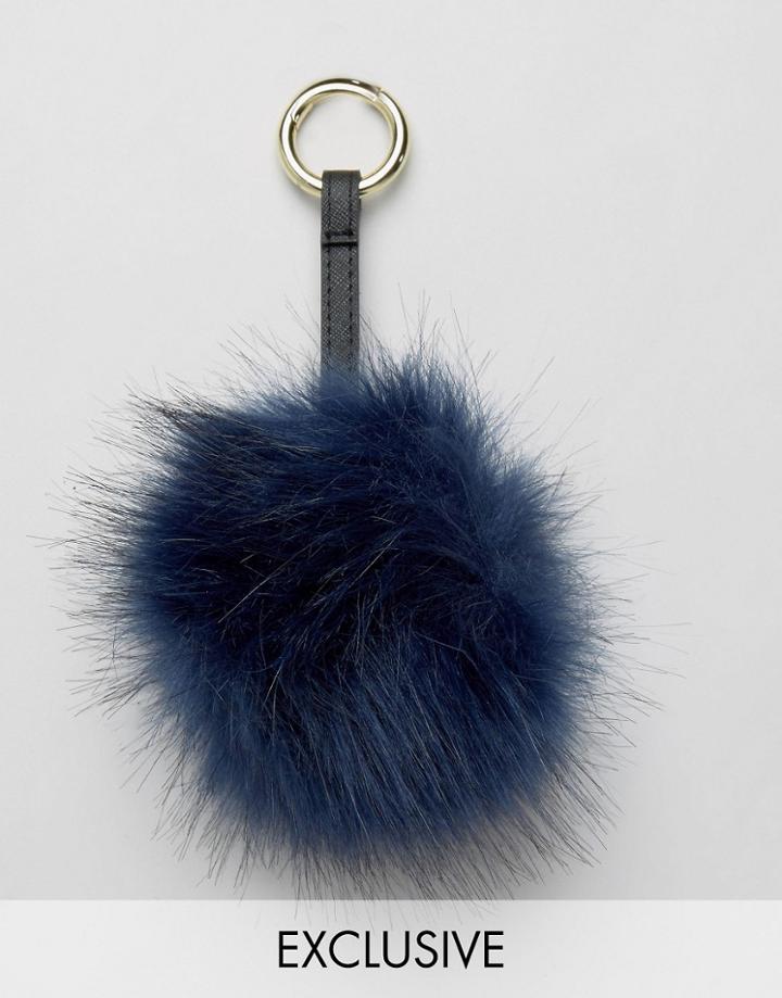 My Accessories Faux Fur Pom Bag Charm In Navy - Navy