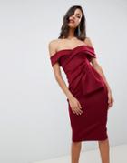 Asos Design Bardot Fold Wrap Front Midi Pencil Dress-red