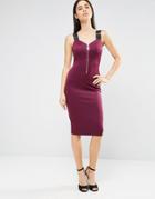 Ax Paris Zip Front Bodycon Midi Dress Wth Strap Detail - Purple