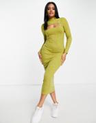 Asos Design Long Sleeve Midi Dress With Cut Out In Lime Space Dye-green