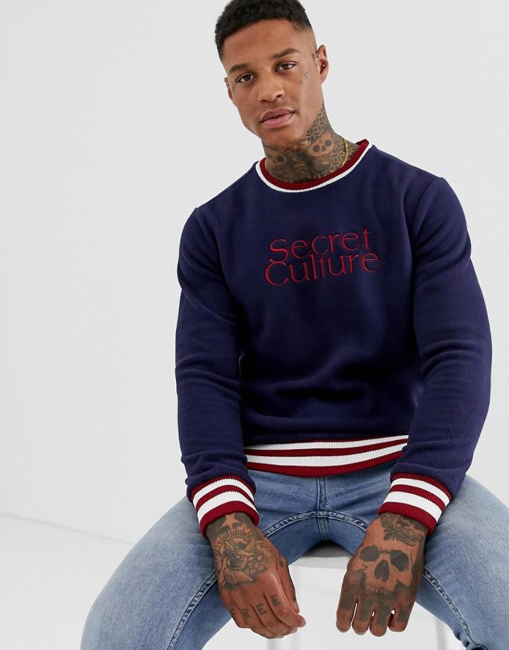 Pull & Bear Borg Sweatshirt In Navy With Slogan Embroidery - Navy