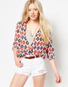 Jasmine Wrap Front Blouse In 70s Print - Red