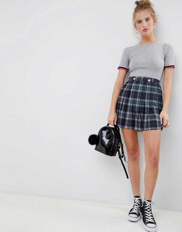 Asos Design Pleated Check Mini Skirt With Gold Button Trims - Multi