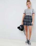 Asos Design Pleated Check Mini Skirt With Gold Button Trims - Multi