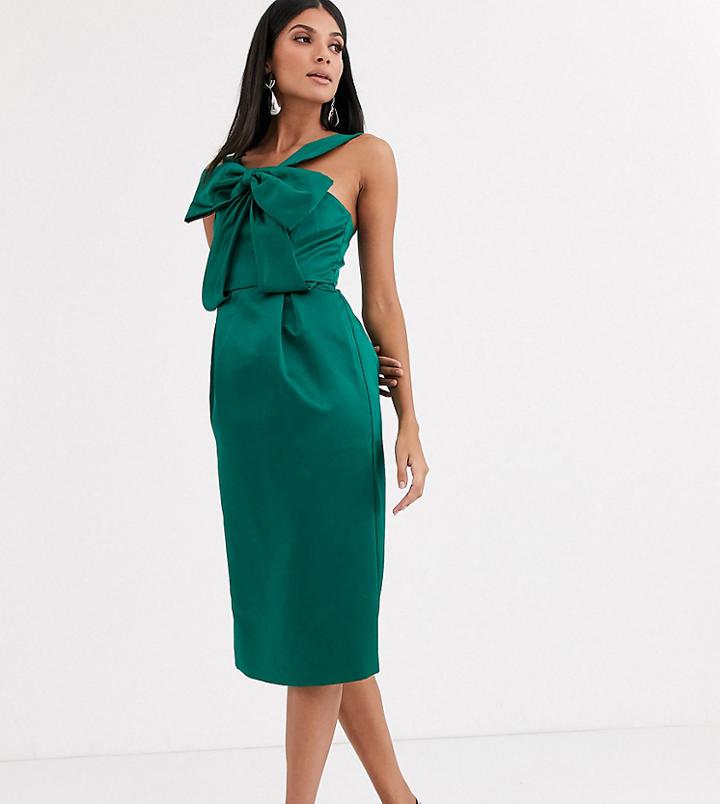 True Decadence Tall Asymmetric Strap Midi Dress With Extreme Bow In Green
