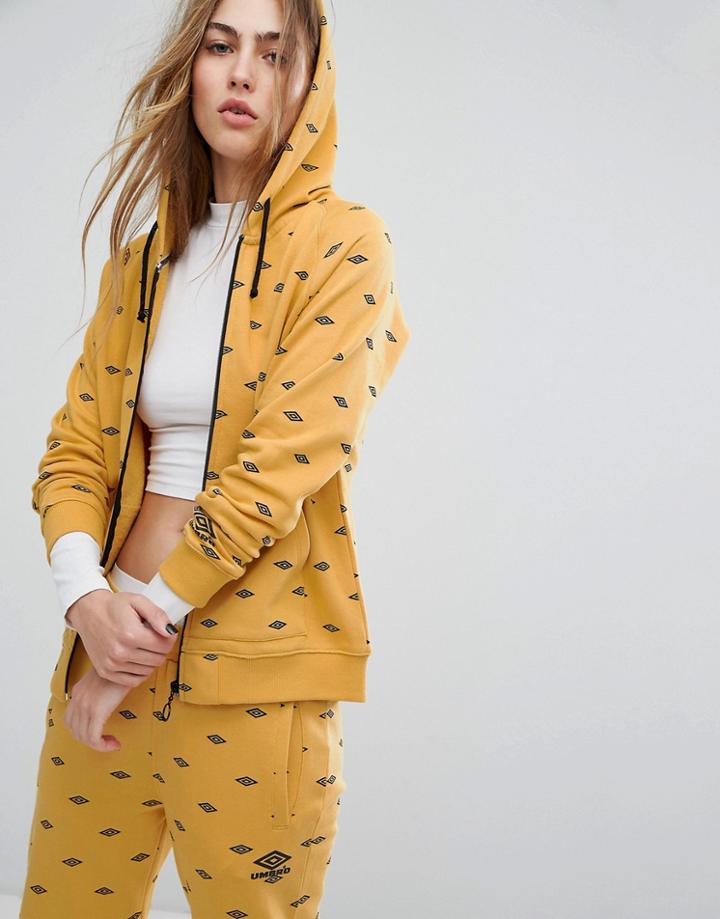 Umbro Zip Front Hoodie With All Over Logo Print - Yellow