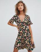 Asos Design Button Through Tea Dress With Frill Sleeve In Summer Floral Print - Multi