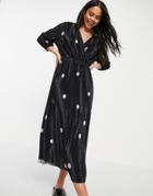 Only Plisse Midi Dress With Cross Front In Polka Dot-black
