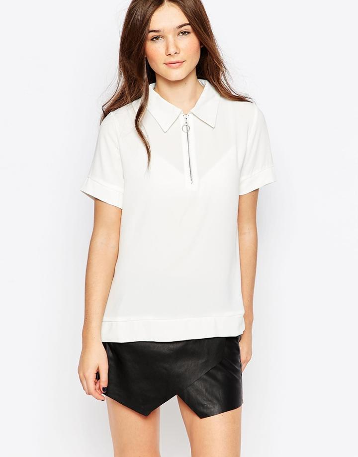 Daisy Street Polo Top With Zip Front - White