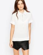Daisy Street Polo Top With Zip Front - White