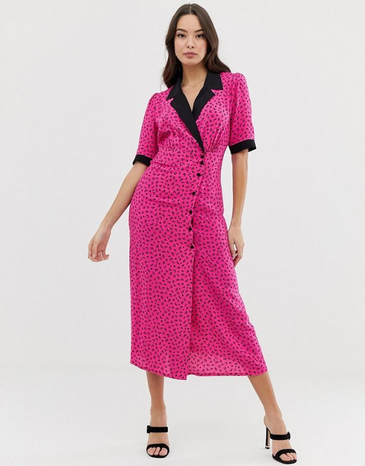 Asos Design Collared Wrap Midi Dress In Ditsy Floral - Multi