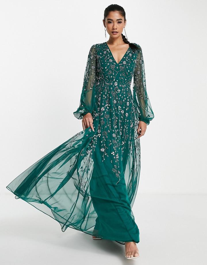 Asos Design Maxi Dress With Blouson Sleeve And Delicate Floral Embellishment-green