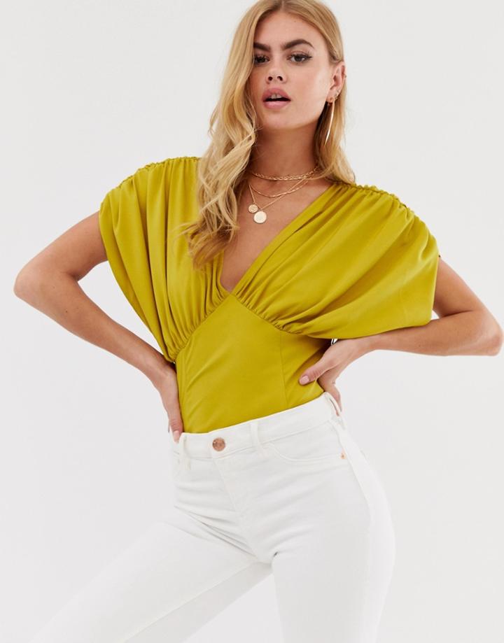 Asos Design V Neck Top With Gathered Sleeve Detail-green
